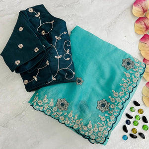 Sky Blue Kasoli Silk Saree with Beautiful Embroidery and Contrast Thread Work