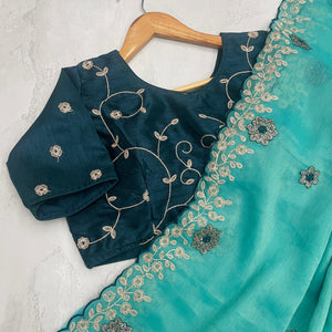 Sky Blue Kasoli Silk Saree with Beautiful Embroidery and Contrast Thread Work