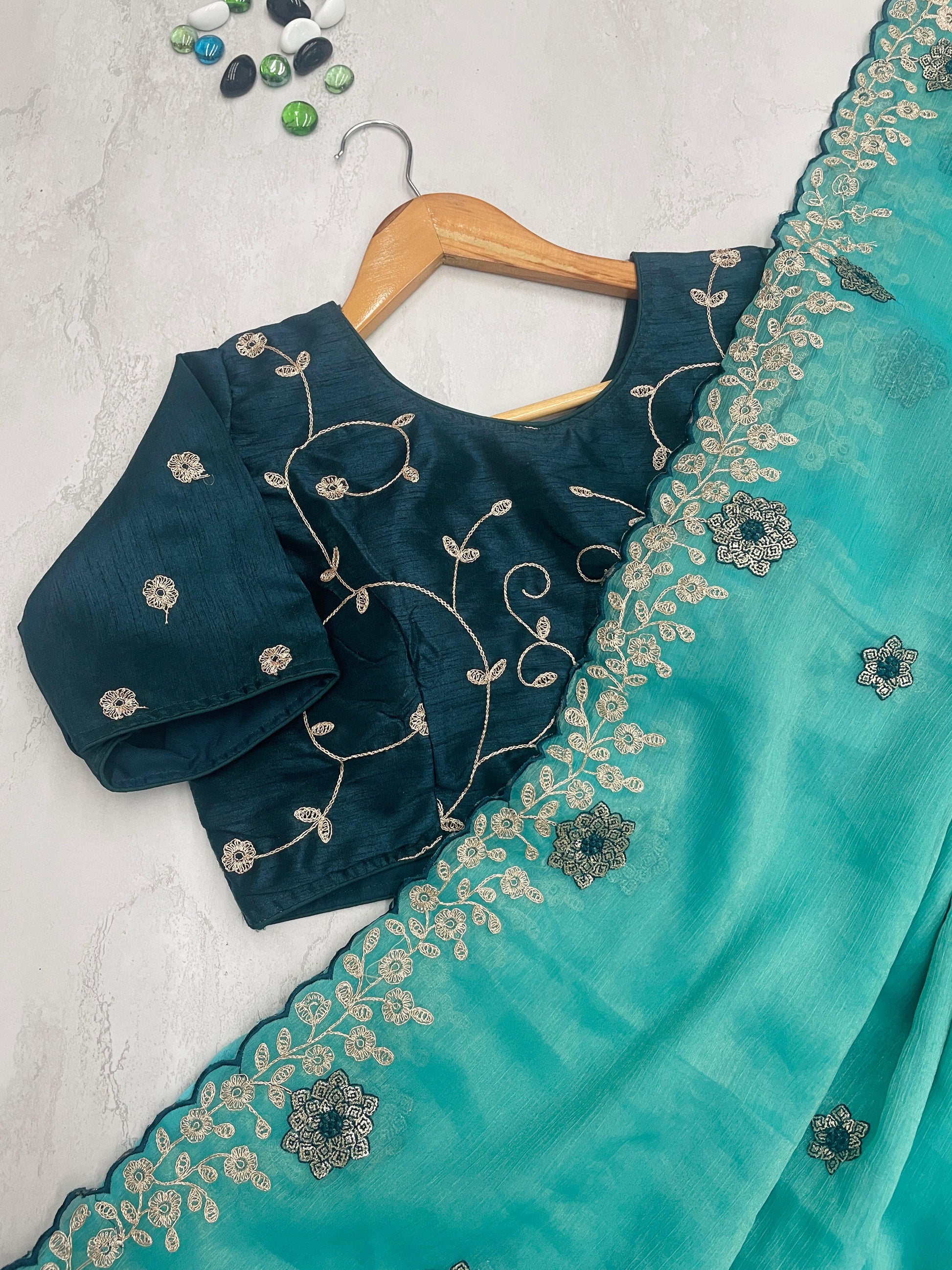 Sky Blue Kasoli Silk Saree with Beautiful Embroidery and Contrast Thread Work