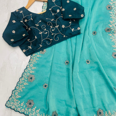 Sky Blue Kasoli Silk Saree with Beautiful Embroidery and Contrast Thread Work