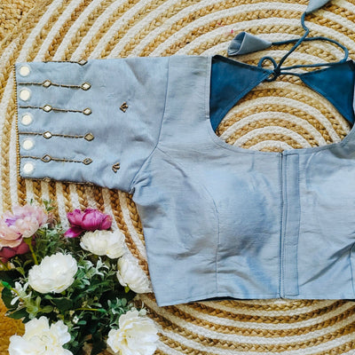 Sky Blue Russian Silk Blouse with Mirror and Pearl Embellishments