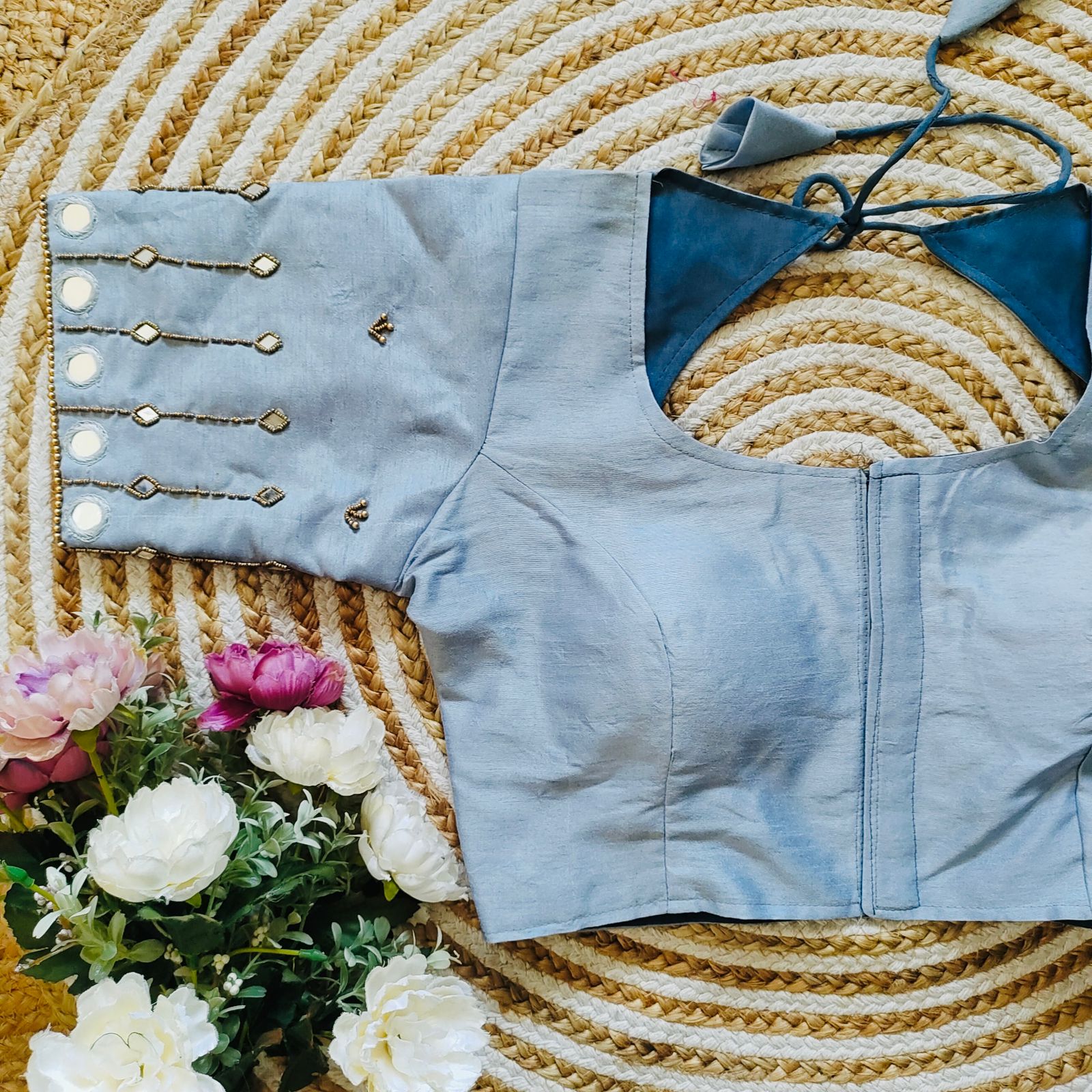 Sky Blue Russian Silk Blouse with Mirror and Pearl Embellishments