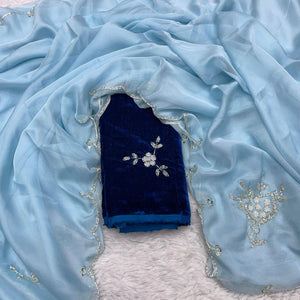Sky Blue Soft Organza Saree with Exquisite Handwork & Velvet Silk Blouse