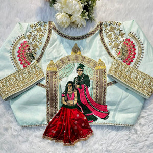Sky Blue Wedding Wear Blouse in Raspberry Silk with Exquisite Embroidery and Sequins