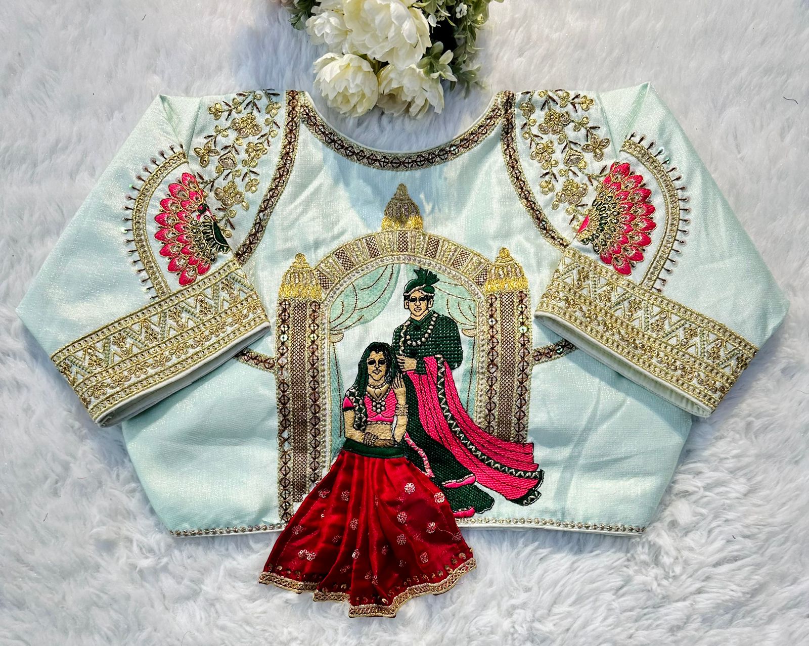 Sky Blue Wedding Wear Blouse in Raspberry Silk with Exquisite Embroidery and Sequins