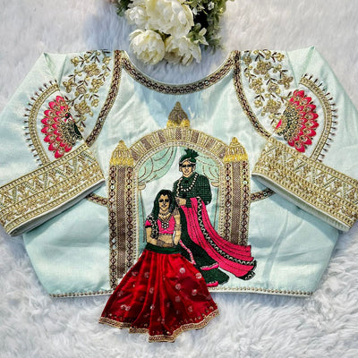 Sky Blue Wedding Wear Blouse in Raspberry Silk with Exquisite Embroidery and Sequins