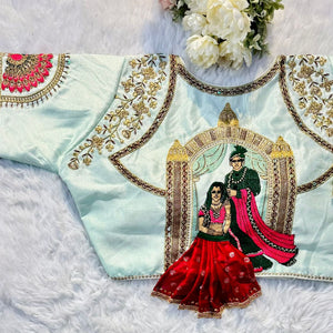 Sky Blue Wedding Wear Blouse in Raspberry Silk with Exquisite Embroidery and Sequins