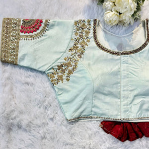 Sky Blue Wedding Wear Blouse in Raspberry Silk with Exquisite Embroidery and Sequins