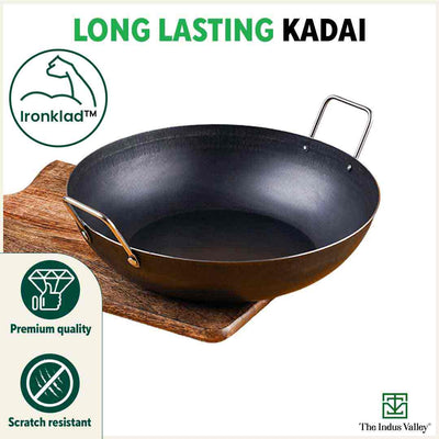 100% Pure Sheet Iron Kadai, Seasoned, Toxin-free, 1.4/2.7/4.4L, 0.6/0.9/1.4kg
