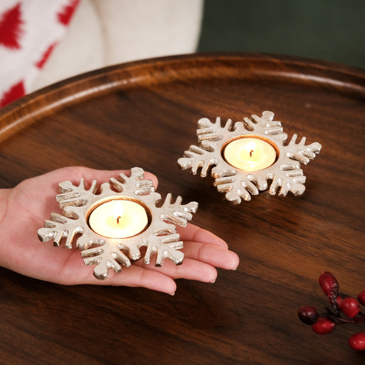 Set Of 2 Silver Snowflake Tea Light Candle Holder