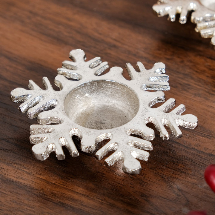 Set Of 2 Silver Snowflake Tea Light Candle Holder