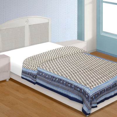 Blue Border Cream Base Golden Floral Print Super Fine Cotton Voile(Mulmul) Both Side Single  Bed Quilt