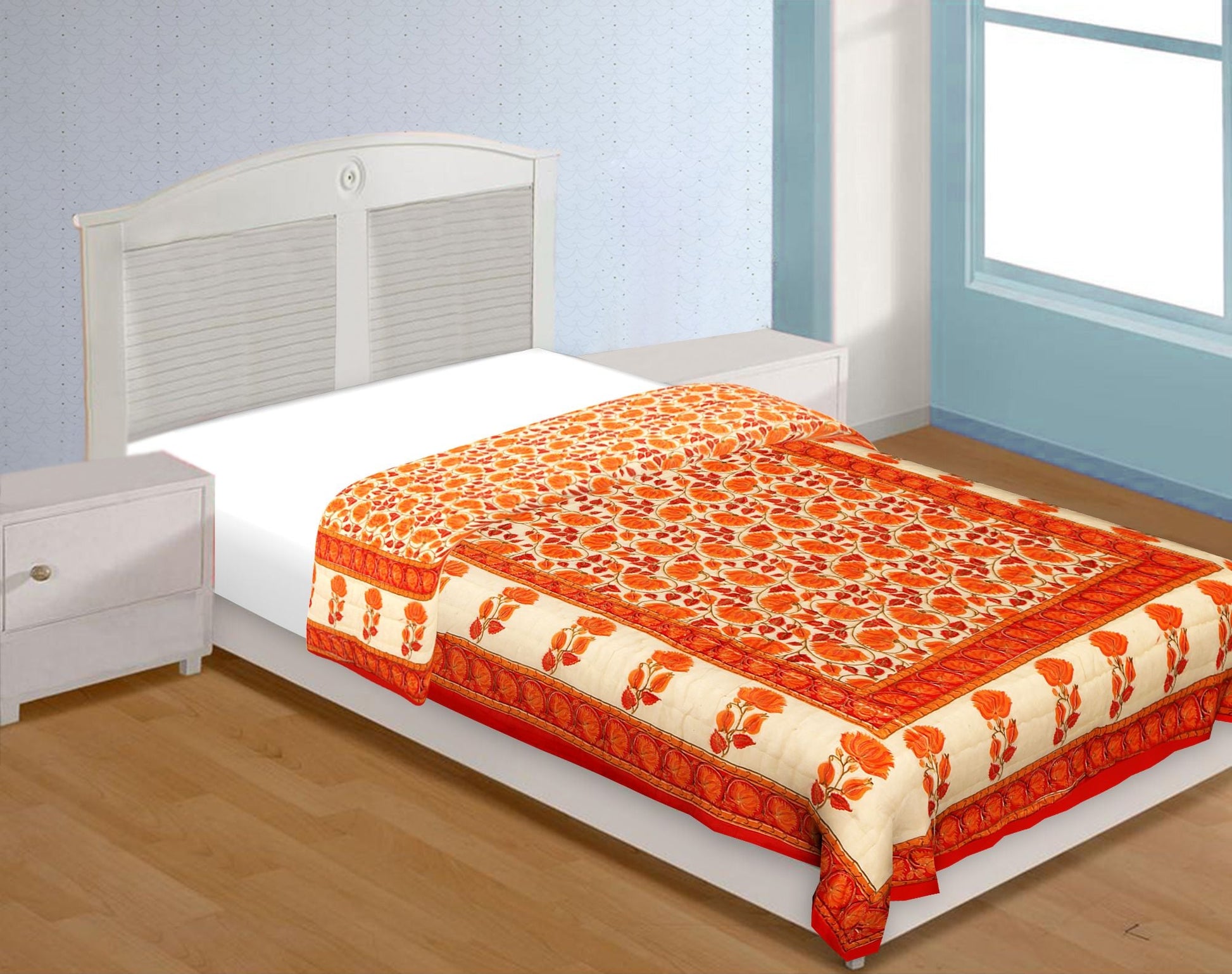Orange And Cream Border With Golden Print Orange Flower Super Fine Cotton Voile(Mulmul) Both Side Printed Cotton Single Bed Quilt