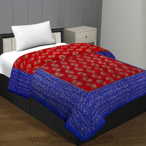 Jaipuri Printed Single Bed Razai Golden Red and blue with Paisley pattern