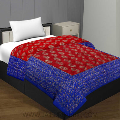 Jaipuri Printed Single Bed Razai Golden Red and blue with Paisley pattern