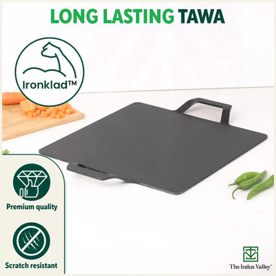 100% Pure Iron Square Tawa with Double Handles, Toxin-free Sheet Iron, Pre-Seasoned, Induction & Gas, 30.5cm