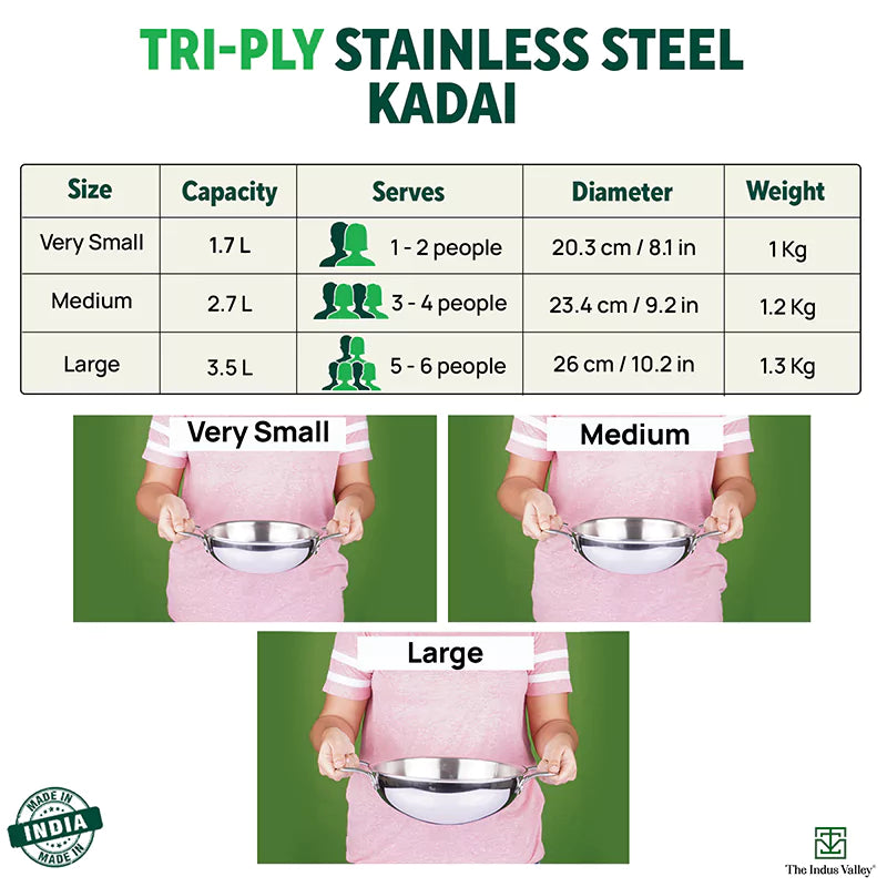 TurboCuk Tri-ply Stainless Steel Kadai, Premium Quality, 3 Layer Thick Body, 100% Toxin-free, Non-stick, Induction & Gas, Free ₹110 Spatula, 1.7/2.7/4L