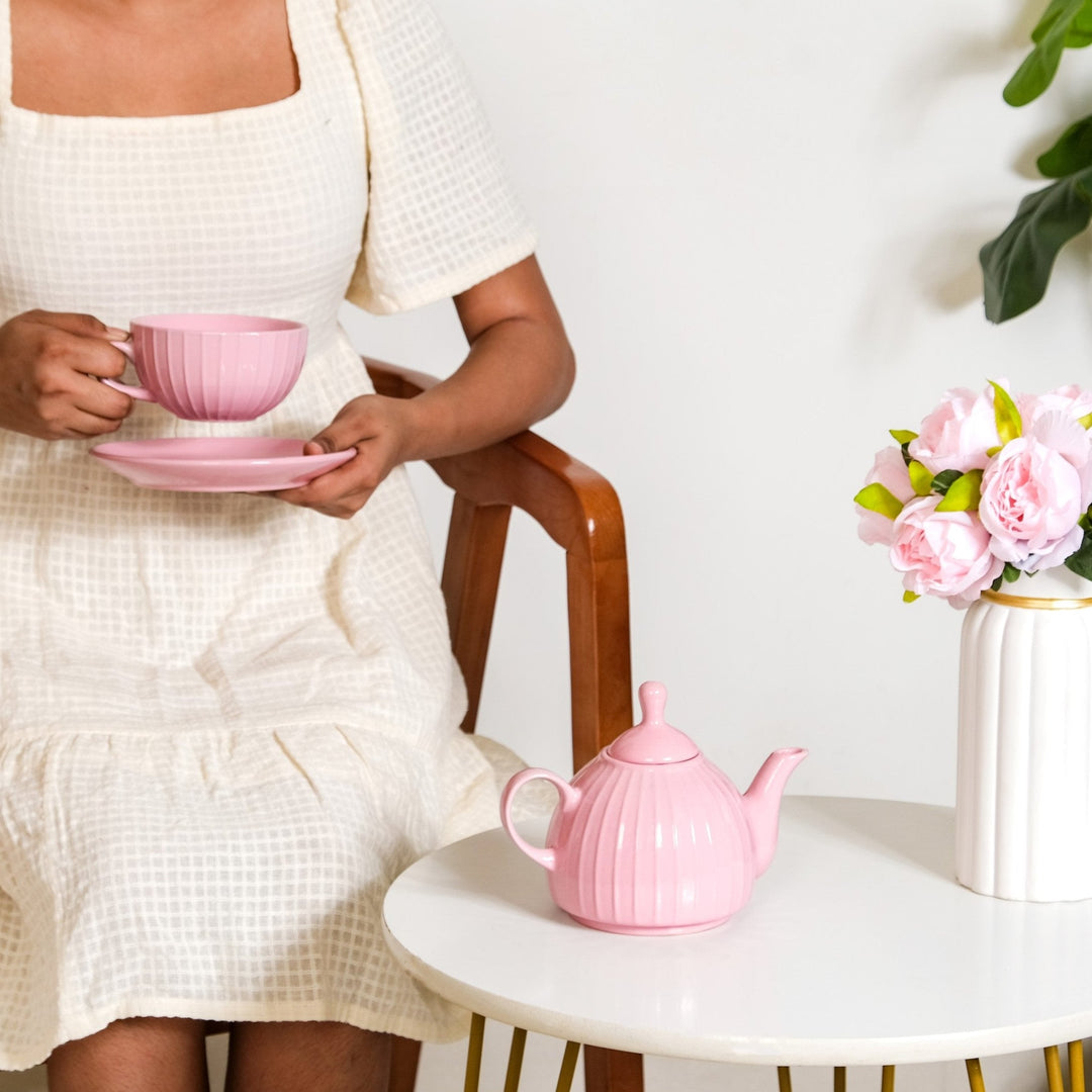 Ambrosia Ceramic Tea Kettle Cup And Saucer Set For 1 Pink