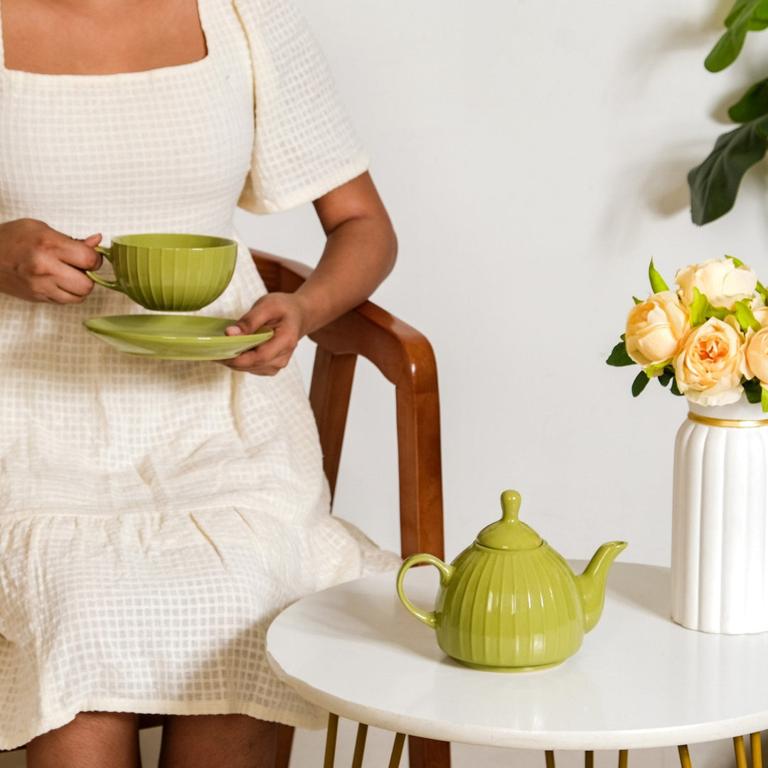 Stackable Ambrosia Teapot And Cup With Saucer Olive Green