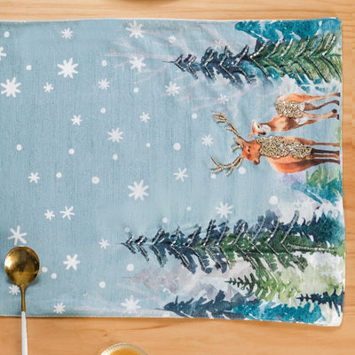 Stag And Doe In Snow Print Embellished Dining Table Runner