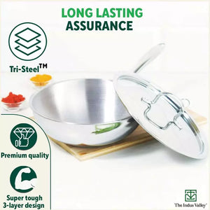 TurboCuk Tri-ply Stainless Steel Wok/Fry Pan+ Steel Lid, Premium Quality, 3 Layer Thick Body, 100% Toxin-free, Non-stick, Induction & Gas, 1.8/2.3L, 1.3/1.4kg
