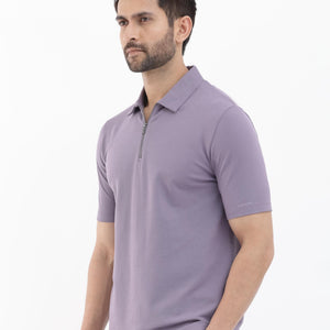 Rare Rabbit Mens Stan-2 Dusky Purple Cotton Lycra Fabric Short Sleeve Zipper Closure Solid Polo T-Shirt