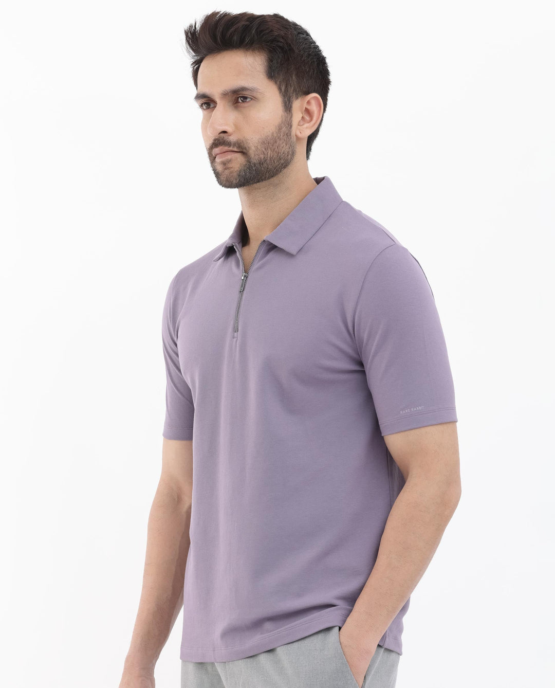 Rare Rabbit Mens Stan-2 Dusky Purple Cotton Lycra Fabric Short Sleeve Zipper Closure Solid Polo T-Shirt