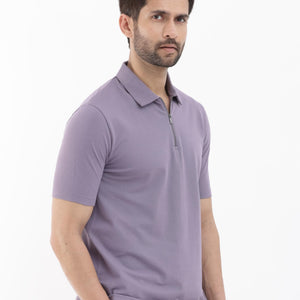 Rare Rabbit Mens Stan-2 Dusky Purple Cotton Lycra Fabric Short Sleeve Zipper Closure Solid Polo T-Shirt