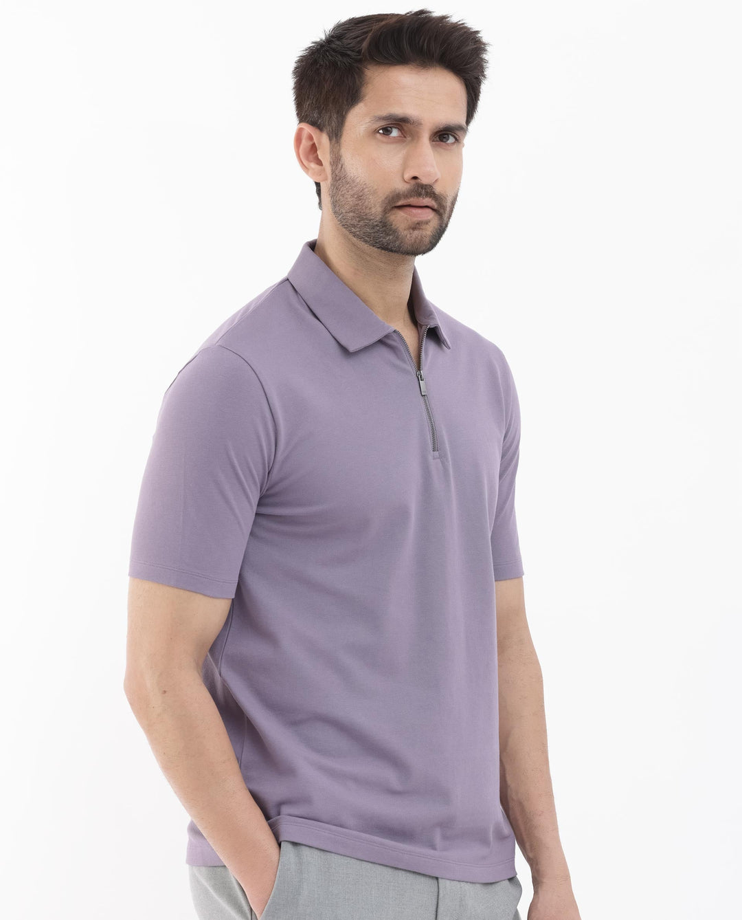 Rare Rabbit Mens Stan-2 Dusky Purple Cotton Lycra Fabric Short Sleeve Zipper Closure Solid Polo T-Shirt