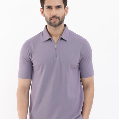 Rare Rabbit Mens Stan-2 Dusky Purple Cotton Lycra Fabric Short Sleeve Zipper Closure Solid Polo T-Shirt