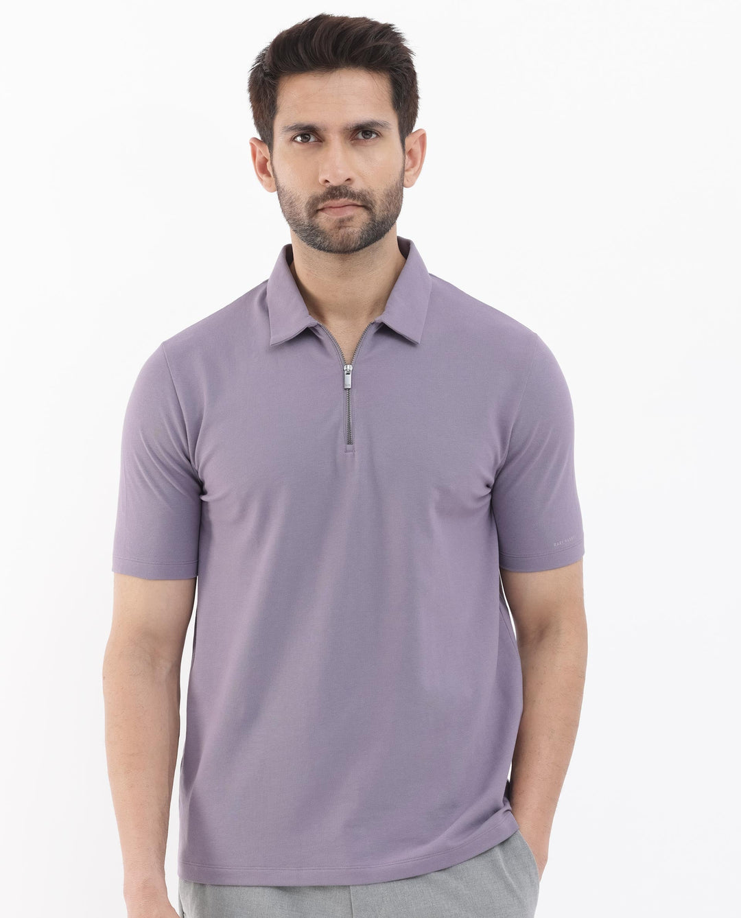 Rare Rabbit Mens Stan-2 Dusky Purple Cotton Lycra Fabric Short Sleeve Zipper Closure Solid Polo T-Shirt