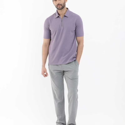 Rare Rabbit Mens Stan-2 Dusky Purple Cotton Lycra Fabric Short Sleeve Zipper Closure Solid Polo T-Shirt