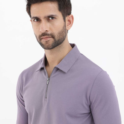 Rare Rabbit Mens Stan-2 Dusky Purple Cotton Lycra Fabric Short Sleeve Zipper Closure Solid Polo T-Shirt