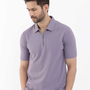 Rare Rabbit Mens Stan-2 Dusky Purple Cotton Lycra Fabric Short Sleeve Zipper Closure Solid Polo T-Shirt