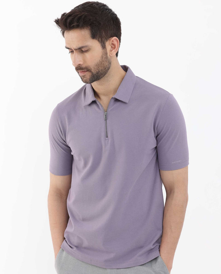 Rare Rabbit Mens Stan-2 Dusky Purple Cotton Lycra Fabric Short Sleeve Zipper Closure Solid Polo T-Shirt