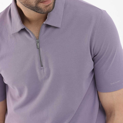 Rare Rabbit Mens Stan-2 Dusky Purple Cotton Lycra Fabric Short Sleeve Zipper Closure Solid Polo T-Shirt