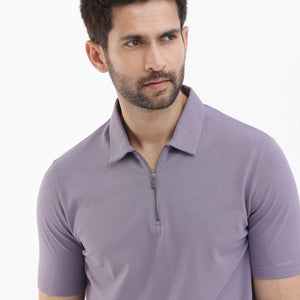 Rare Rabbit Mens Stan-2 Dusky Purple Cotton Lycra Fabric Short Sleeve Zipper Closure Solid Polo T-Shirt