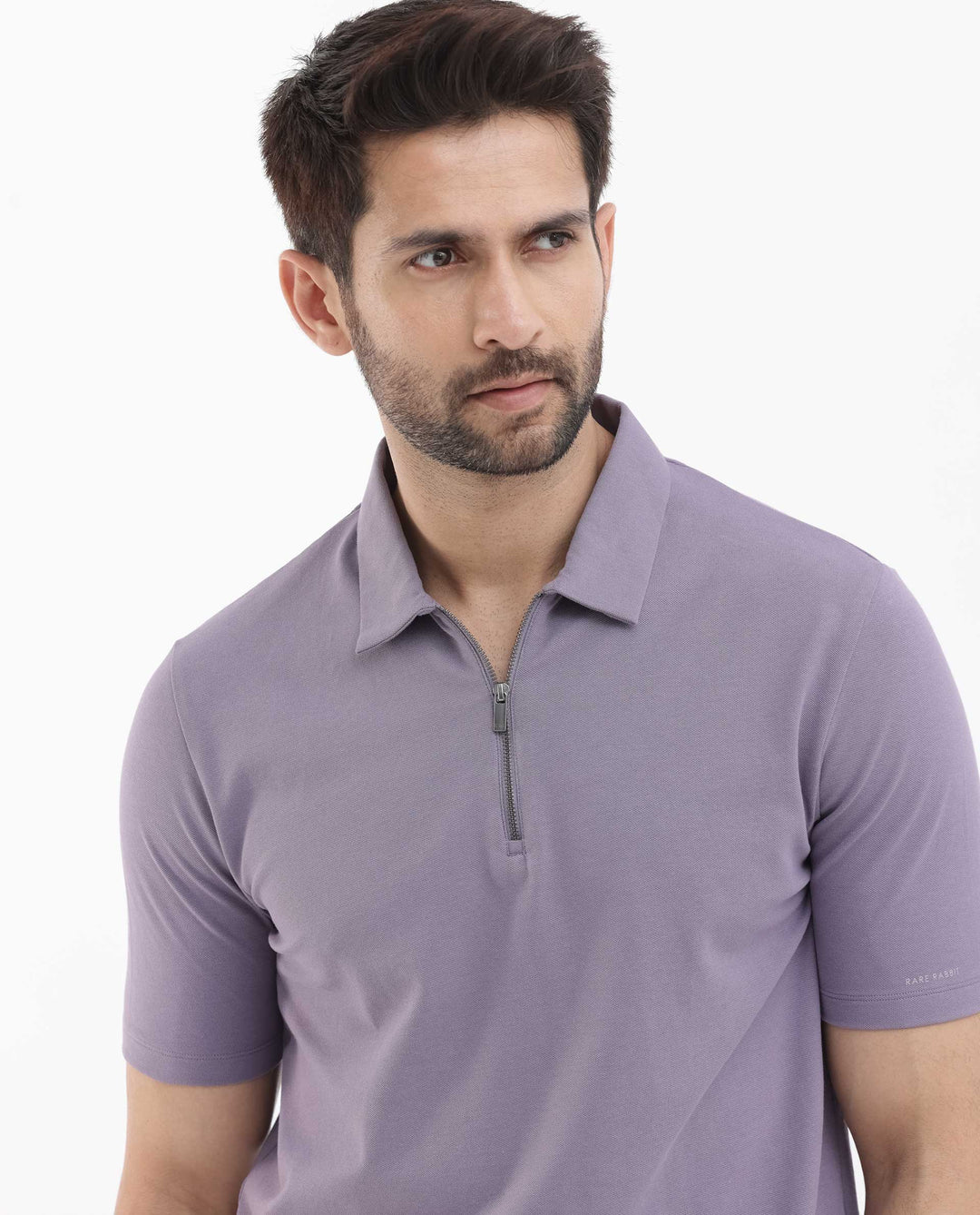 Rare Rabbit Mens Stan-2 Dusky Purple Cotton Lycra Fabric Short Sleeve Zipper Closure Solid Polo T-Shirt