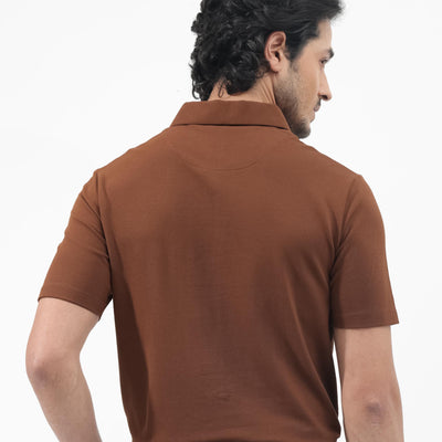 Rare Rabbit Mens Stan-2 Dusky Rust Cotton Fabric Collared Neck Zipper Closure Half Sleeves Polo T-Shirt