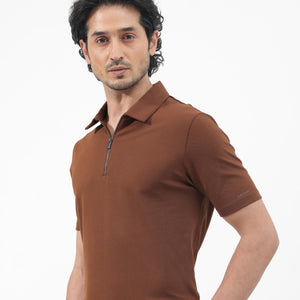 Rare Rabbit Mens Stan-2 Dusky Rust Cotton Fabric Collared Neck Zipper Closure Half Sleeves Polo T-Shirt