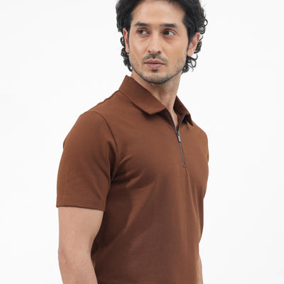 Rare Rabbit Mens Stan-2 Dusky Rust Cotton Fabric Collared Neck Zipper Closure Half Sleeves Polo T-Shirt