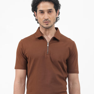 Rare Rabbit Mens Stan-2 Dusky Rust Cotton Fabric Collared Neck Zipper Closure Half Sleeves Polo T-Shirt