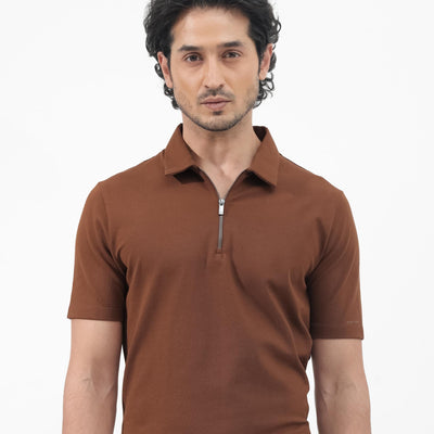 Rare Rabbit Mens Stan-2 Dusky Rust Cotton Fabric Collared Neck Zipper Closure Half Sleeves Polo T-Shirt