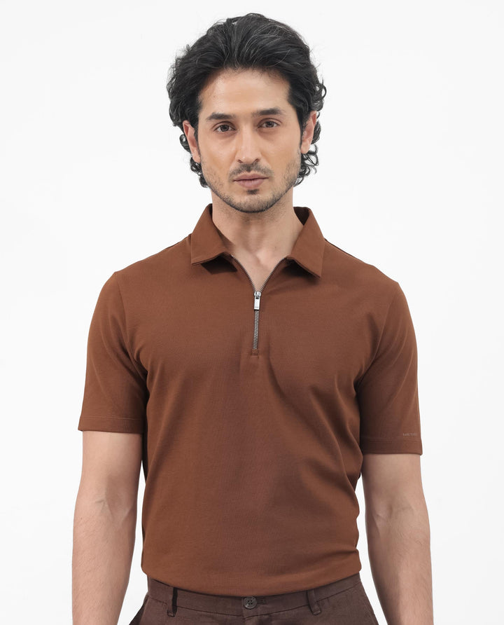 Rare Rabbit Mens Stan-2 Dusky Rust Cotton Fabric Collared Neck Zipper Closure Half Sleeves Polo T-Shirt