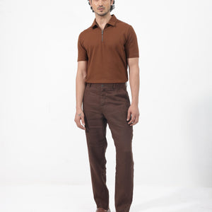 Rare Rabbit Mens Stan-2 Dusky Rust Cotton Fabric Collared Neck Zipper Closure Half Sleeves Polo T-Shirt