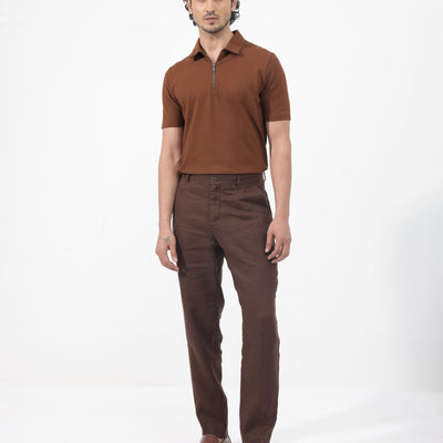 Rare Rabbit Mens Stan-2 Dusky Rust Cotton Fabric Collared Neck Zipper Closure Half Sleeves Polo T-Shirt