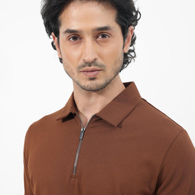 Rare Rabbit Mens Stan-2 Dusky Rust Cotton Fabric Collared Neck Zipper Closure Half Sleeves Polo T-Shirt