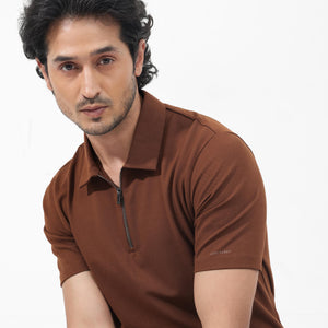 Rare Rabbit Mens Stan-2 Dusky Rust Cotton Fabric Collared Neck Zipper Closure Half Sleeves Polo T-Shirt