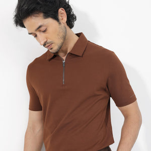Rare Rabbit Mens Stan-2 Dusky Rust Cotton Fabric Collared Neck Zipper Closure Half Sleeves Polo T-Shirt