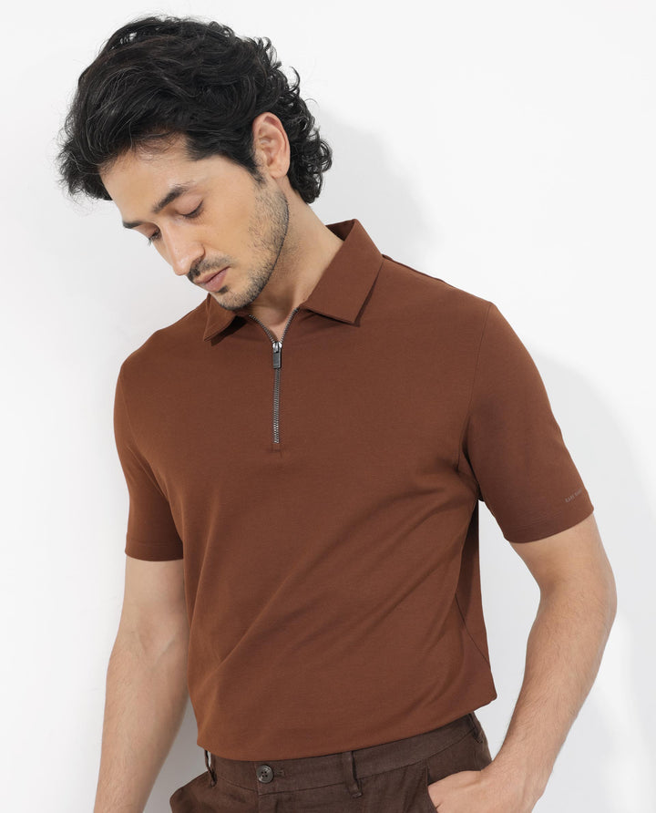 Rare Rabbit Mens Stan-2 Dusky Rust Cotton Fabric Collared Neck Zipper Closure Half Sleeves Polo T-Shirt